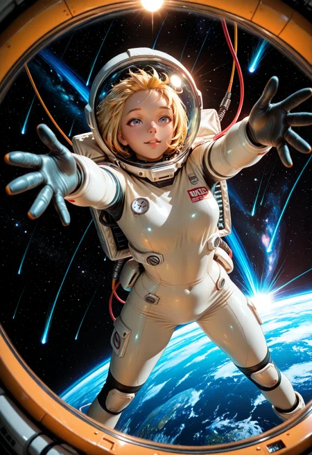 SmoothNoob_Quality, (murata yuusuke:1.4) science fiction, 1girl, solo, astronaut, happy, space, starry sky, earth \(planet\), space helmet, shooting star, sky, spacesuit, parted lips, scenery, glow, floating, cable, open palms, outstretched arms, legs apart, dynamic angle, <lora:Smooth_Booster:0.5> <lora:SLE_v2:0.25>βββ