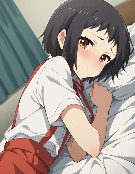 score_9, score_8_up, score_7_up, source_anime, <lora:hanako-hasegawa-ova-ponyxl-lora-nochekaiser:1>, hanako hasegawa, short hair, black hair, brown eyes,, skirt, shirt, ribbon, school uniform, white shirt, red ribbon, suspenders,, indoors, bed, bed room, on side, blush, drunk, looking at viewer, solo,, cowboy shot, dutch angle