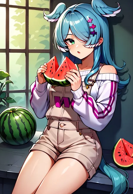 score_9, score_8_up, score_7_up, uncensored, source_anime, 1girl, <lora:speliraPendoraXLPony:1> elira1st, long sleeves, overalls, white sweater, off shoulder, single glove, one eye covered, overall shorts, melon, doily, food, fruit, melon