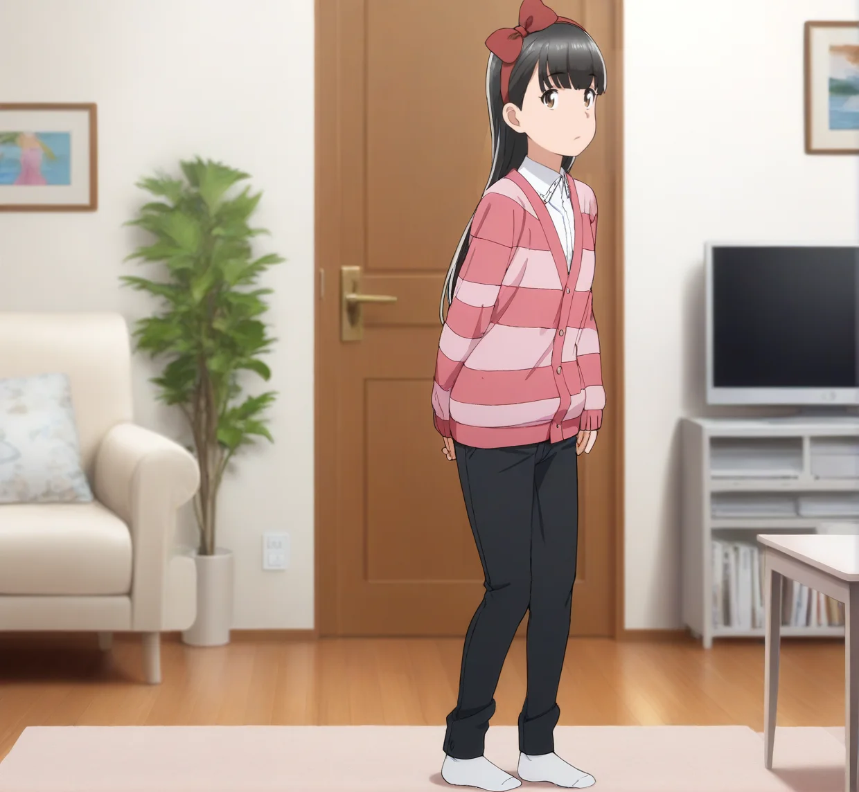 masterpiece, best quality, score_9,
<lora:Hitomi_hinamatsuri_v11:1>,hitomi_il, 1girl, solo, brown_hair, bangs, hair_between_eyes, brown_eyes, hair_ribbon, long_hair, pink_striped_cardigan, buttoned_cardigan, white_top, black_pants, white_socks, full body, standing, living room, white wall, blurry background