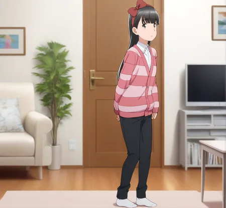 masterpiece, best quality, score_9,
<lora:Hitomi_hinamatsuri_v11:1>,hitomi_il, 1girl, solo, brown_hair, bangs, hair_between_eyes, brown_eyes, hair_ribbon, long_hair, pink_striped_cardigan, buttoned_cardigan, white_top, black_pants, white_socks, full body, standing, living room, white wall, blurry background