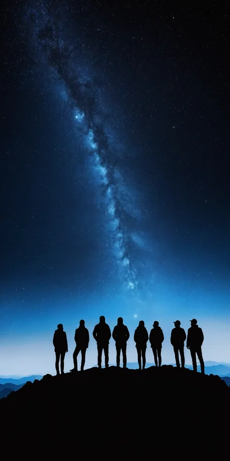 <lora:HMSGåªå½±XL-000001:0.8>,Group of people standing,silhouette,mountain top,starry night sky,mysterious,majestic,surrealism style,high contrast,high definition photography,black and deep blue colors,