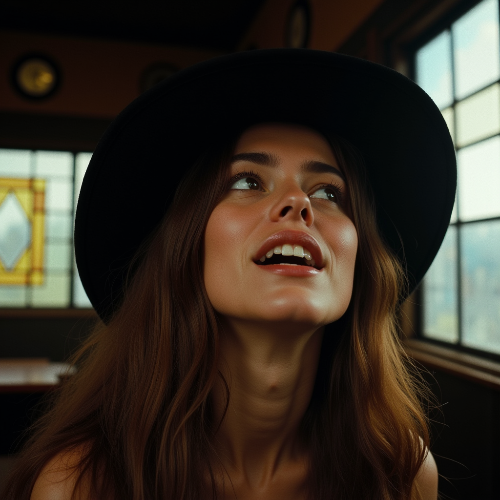 <lora:Kodak Motion Picture Film style v1:1>
Film grain still image of a woman with long hair and a hat in a room,1girl,solo,long hair,open mouth,brown hair,hat,upper body,teeth,indoors,from below,looking up,stained glass , cinematic look, film look, filmic, contrast, detailed, high quality, sharp image, film color, Kodak Motion Picture Film style, different color, different people, different look, different style, 35MM Film, 16MM Film, Photographic film, music video style, artistic style, cinematic style, film granularity, film noise, image noise, artistic effect, Fujicolor, Fuji film, Analog photography, movie style, movie still, Film grain overlay, Film Grain style
