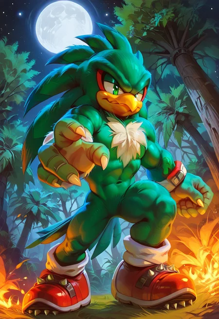 score_9, score_8_up, score_7_up, male, source_furry, male, solo, Jet the Hawk, beak, bird, green fur, claws, fur, big eyes, big hands, red sneakers, spikes on shoes,, muscular:1.3, hands, no pants, serious expression, (((dutch angle, sexy tease, sexy pose, stylish pose, action pose, clawing at a tree, from below)))
BREAK
forest, tress, outside, night, moon, stars, ambient light