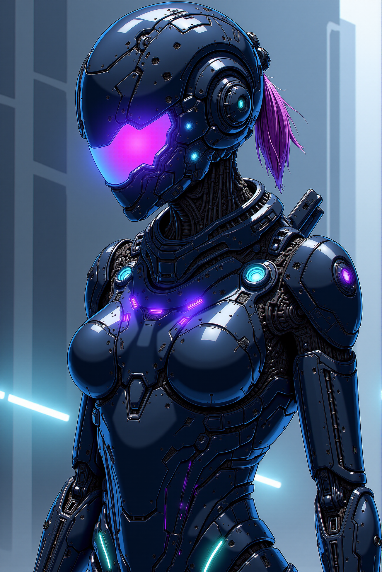 <lora:Mecha_Anime_style_v.1:0.8> A sleek exosuit pilot framed in dynamic three-quarter perspective, clad in a glossy, obsidian-black armored suit with segmented hexagonal plating and radiant blue energy conduits flowing along the chest and limbs, her violet eyes gleaming beneath a reinforced neural helm integrated with sapphire-lit sensors. Her short, vivid purple hair spills from under the helmet, contrasting sharply against the steely blues of her mechanical cockpitâan enclosed, angular interface shell glowing faintly with electric arcs and motion blur. Brushwork simulates high-energy movement, while the lighting design uses rim-lit cyan highlights and deep indigo shadows to accentuate her silhouette and expression, capturing the tension and readiness of a pilot moments before launch in a stylized digital anime-mecha hybrid aesthetic.