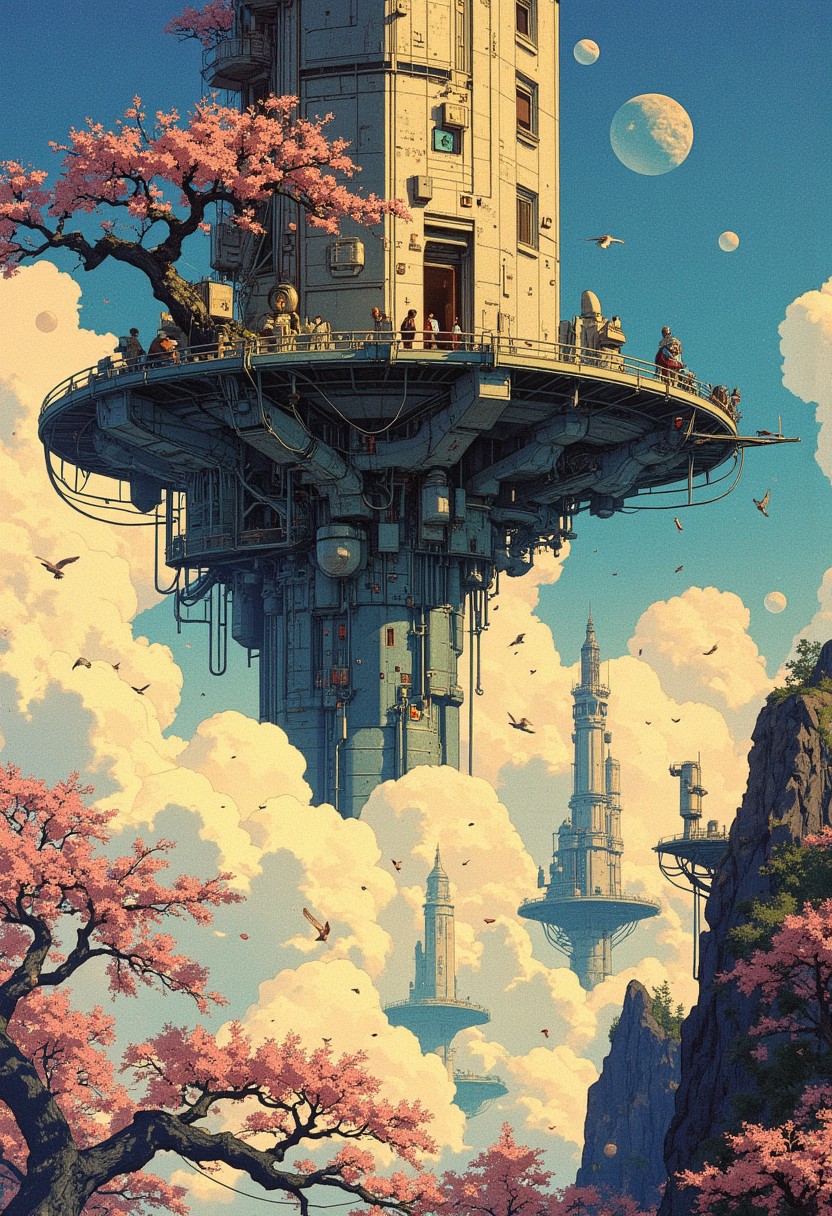 Art by Ronan Le Fur  A floating arcane observatory, half-tech tower, half sakura tree, suspended in cloudspace where cherryblossoms with  birds graze on platforms of light; the dreamlike scene rendered in painterly detail, like a cross between 80s sci-fi book covers and Ronan Le Fur's industrial mystique.