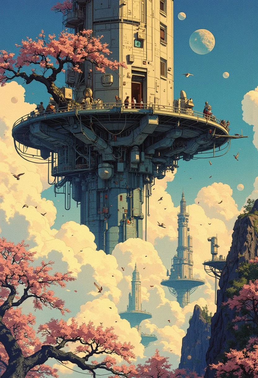 Art by Ronan Le Fur A floating arcane observatory, half-tech tower, half sakura tree, suspended in cloudspace where cherryblossoms with birds graze on platforms of light; the dreamlike scene rendered in painterly detail, like a cross between 80s sci-fi book covers and Ronan Le Fur's industrial mystique.