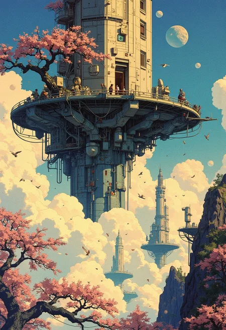 Art by Ronan Le Fur A floating arcane observatory, half-tech tower, half sakura tree, suspended in cloudspace where cherryblossoms with birds graze on platforms of light; the dreamlike scene rendered in painterly detail, like a cross between 80s sci-fi book covers and Ronan Le Fur's industrial mystique.