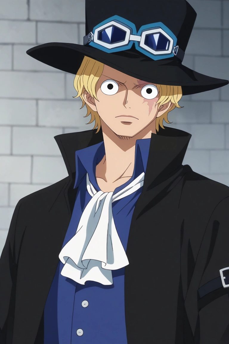 score_9, score_8_up, score_7_up, source_anime, rating_safe, , anime screencap, anime coloring, , looking at viewer, depth of field, 1boy, solo, male focus, <lora:sabo_one_piece_pony:0.9>, sabo_one_piece, blonde hair, black eyes, short hair, scar across eye, , goggles on headwear, top hat, brown gloves, black headwear, white ascot, coat, blue shirt, , , <lora:sdxl_lightning_8step_lora:1>
