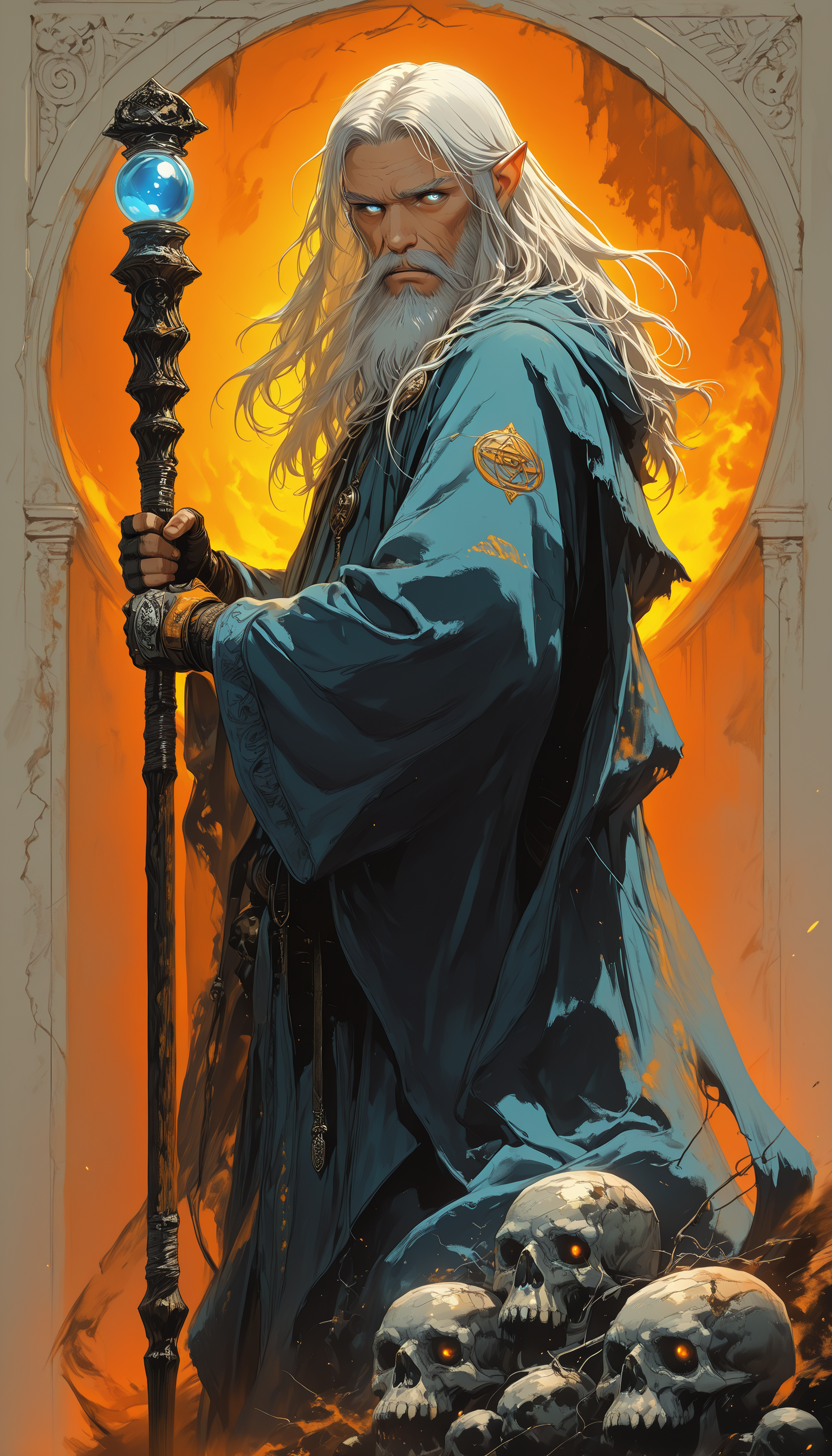 lotr_style masterpiece, best quality, good quality, very aesthetic, absurdres, newest, 8K, depth of field, focused subject,  full body, fighting stance, from side, looking away,, A detailed digital painting of a mystical figure, likely a wizard or sage, set against a warm, orange-hued background. The figure is depicted with a long, flowing white beard and gray hair, and is holding a staff with a glowing blue orb at its top. The staff is adorned with intricate designs and has a circular emblem on its side. The character is dressed in a deep blue robe with ruffled sleeves, and holds a skull in one hand, while the other hand rests on the staff. The overall style of the painting is realistic with a touch of fantasy, and the coloration is dominated by shades of blue, orange, and gray, creating a sense of depth and atmosphere. solo, long_hair, looking_at_viewer, blue_eyes, 1boy, gloves, holding, upper_body, white_hair, male_focus, pointy_ears, fingerless_gloves, facial_hair, glowing, elf, staff, beard, cloak, glowing_eyes, robe, skull, holding_staff, orange_background, old, old_man, long_beard, wizard, lotr_style