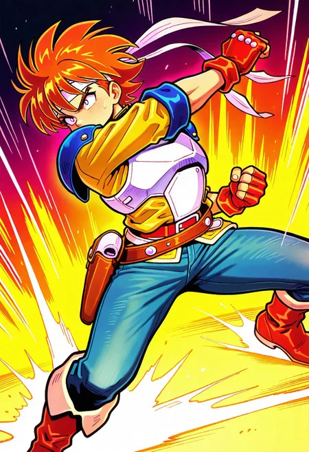 masterpiece, best quality, amazing quality, very aesthetic, absurdres, newest, 1boy, arthuffl3, brown-orange hair, long white headband, blue shoulder pads, white breastplate, yellow jacket, blue jeans, belt with holster, red fingerless gloves, red boots, ((action pose))