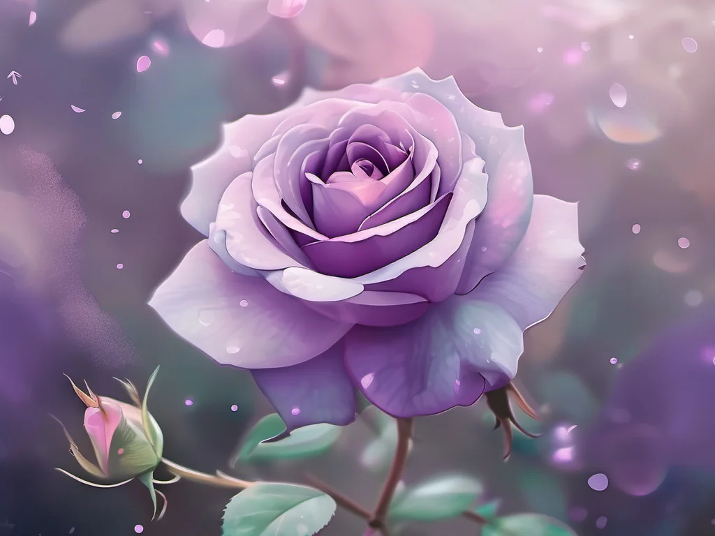 inkpunk style illustration of a fantasy (pastel purple|mauve) rose in a dreamy garden, its velvety soft petals kissed with 0.11, overcast skies, prismatic light, fairy dust, (bokeh:0.3), (ethereal:0.8) <lora:IPXL_v2:0.55>