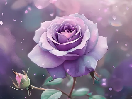 inkpunk style illustration of a fantasy (pastel purple|mauve) rose in a dreamy garden, its velvety soft petals kissed with 0.11, overcast skies, prismatic light, fairy dust, (bokeh:0.3), (ethereal:0.8) <lora:IPXL_v2:0.55>