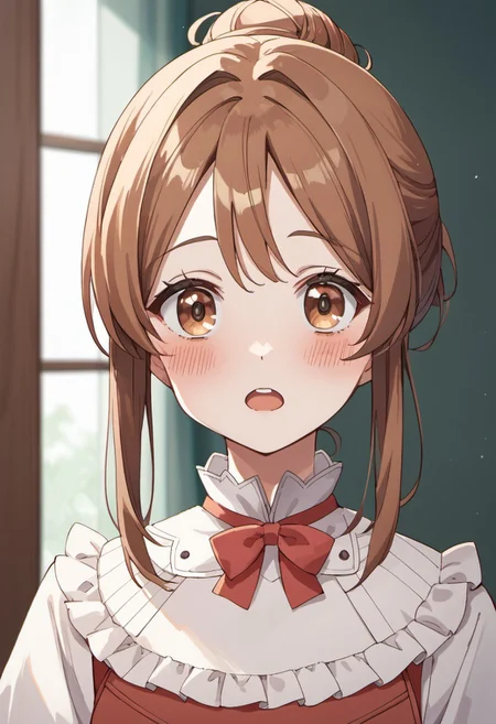 score_9, score_8_up, score_7_up, source_anime, tiona rudolvon, brown hair, brown eyes, long hair, 1girl, solo, blush, hair bun, bow, open mouth, red bow, looking at viewer