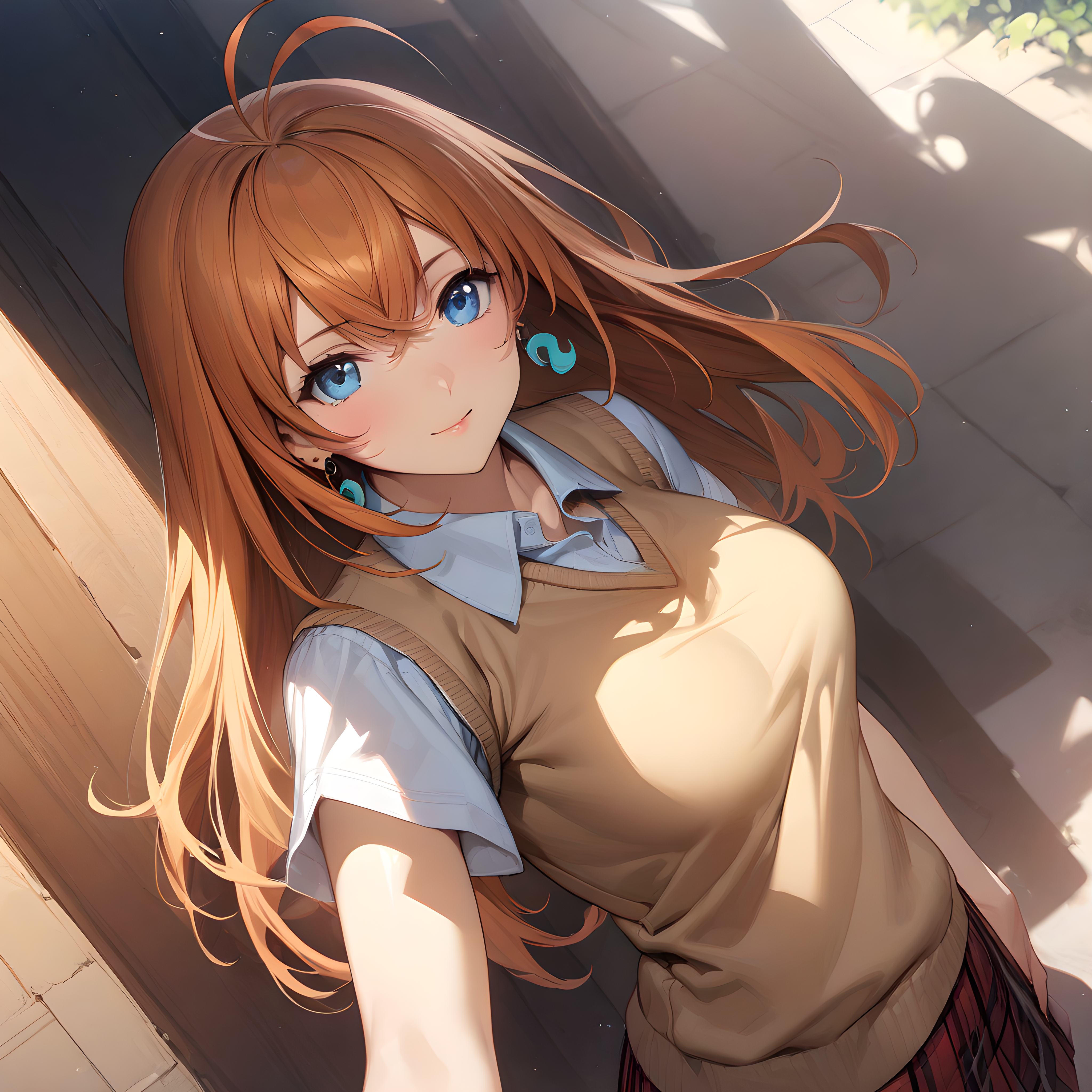 (masterpiece),(best quality),(ultra-detailed),(best illustration),(best shadow),(absurdres),(detailed background),(very aesthetic), sonsaku_hakufu, 1girl, jewelry, earrings, solo, skirt, long hair, magatama earrings, orange hair, school uniform, plaid skirt, antenna hair, plaid, blue eyes, red skirt, sweater vest <lora:XL-SonsakuHakufu:1>