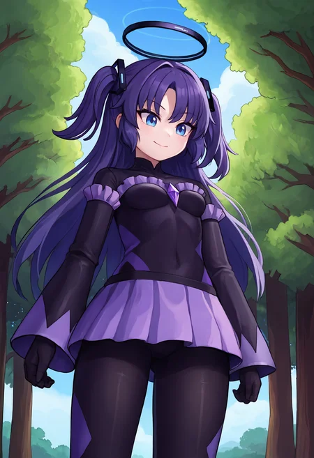 zPDXL, 1girl, solo, BREAK
hayase yuuka, two side up, halo,
black badend-bodysuit, purple skirt, purple frills, purple gem,
cowboy shot, from below,
outdoors, tree, blue sky,
<lora:bad-end-ot13-2016:0.8> <lora:yuuka-ponyxl-kohya3:0.8>
