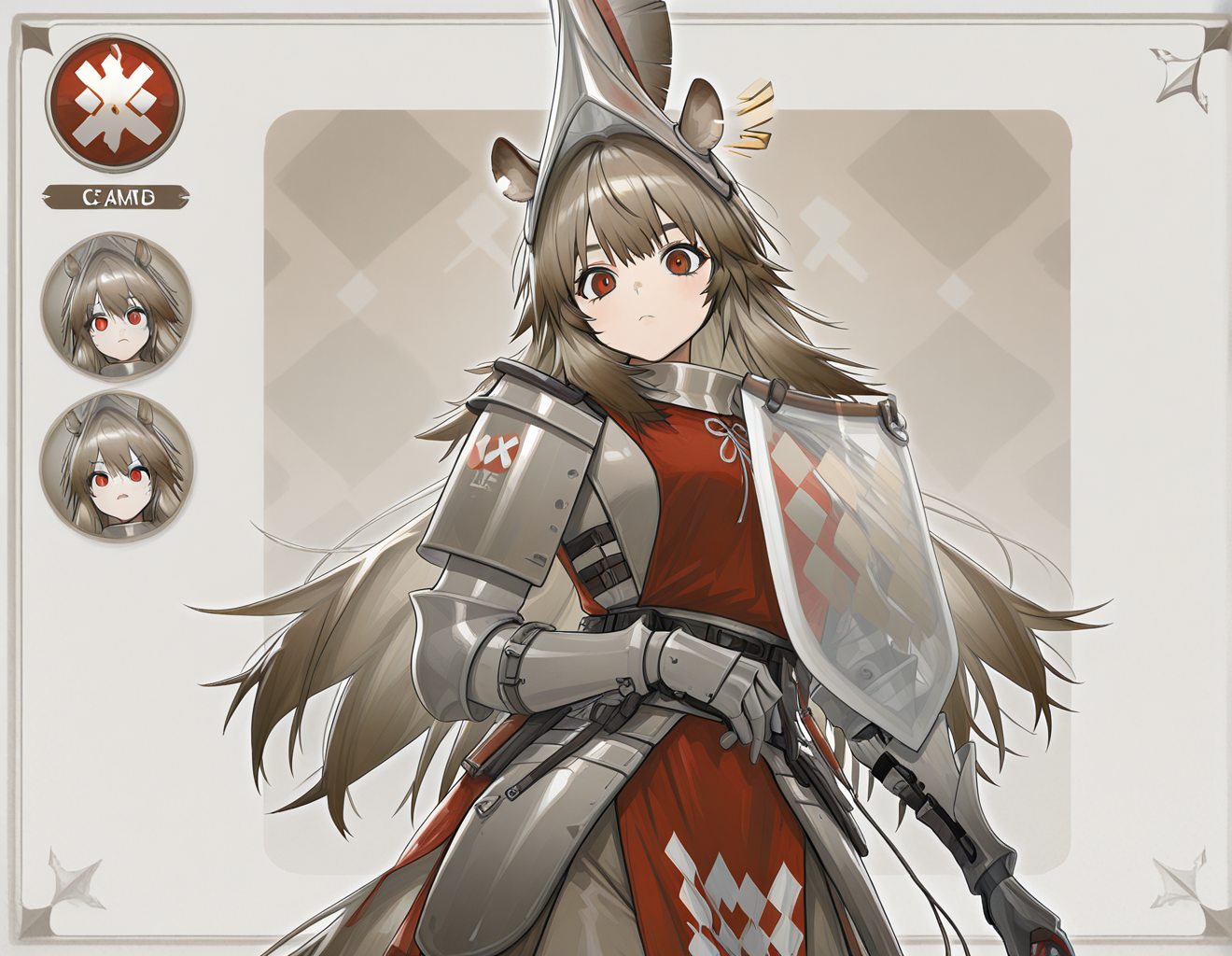 masterpiece, best quality, amazing quality, beautiful accurate depth-of-field, 1girl, solo, cropped, w1ldman3AK, WMAK helmet, WMAK Armor, WMAK gauntlets, WMAK boots, horse ears, horse ears, horse tail, tagged ear, red eyes, very-long hair, character stat card, canvas background,