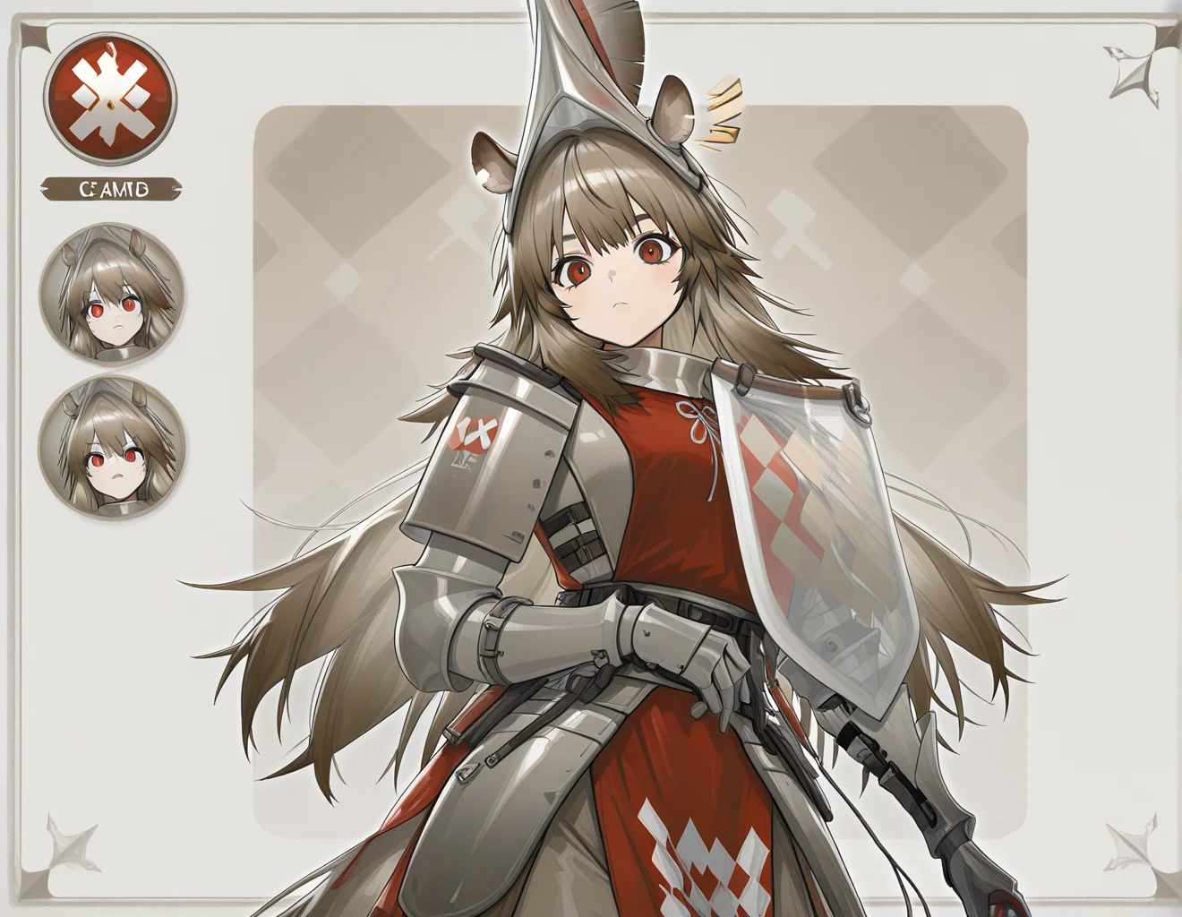 masterpiece, best quality, amazing quality, beautiful accurate depth-of-field, 1girl, solo, cropped, w1ldman3AK, WMAK helmet, WMAK Armor, WMAK gauntlets, WMAK boots, horse ears, horse ears, horse tail, tagged ear, red eyes, very-long hair, character stat card, canvas background,