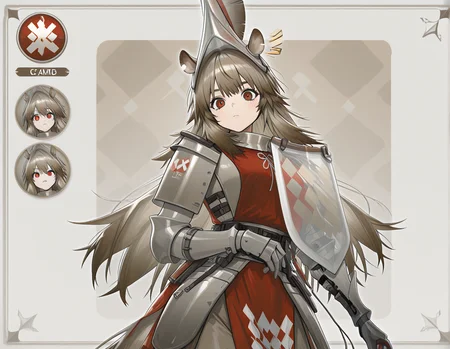 masterpiece, best quality, amazing quality, beautiful accurate depth-of-field, 1girl, solo, cropped, w1ldman3AK, WMAK helmet, WMAK Armor, WMAK gauntlets, WMAK boots, horse ears, horse ears, horse tail, tagged ear, red eyes, very-long hair, character stat card, canvas background,