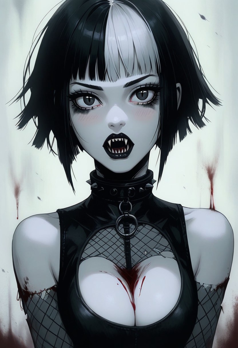 score_9, score_8_up, score_7_up, score_6_up, gthan, 1girl, gothic, solo, (ultra HD quality details), black eyes, black hair, bobbed hair, pale skin, Goth girl, looking at viewer,short hair, multicolored hair,, bare shoulders,black collar ,from above, blushing, sleeveless,two-tone hair,lips,black makeup,black lipstick, white background,portrait,spot color, upper body, large perky breasts, breast squeeze, cleavage, detailed body, detailed face, large eyes, detailed eyes, perfecteyes, tits focus, sexy, sensual, goth, black metallic metal latex clothing, open mouth,(long vampire fangs), (blood on teeth)