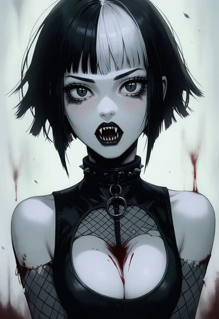 score_9, score_8_up, score_7_up, score_6_up, gthan, 1girl, gothic, solo, (ultra HD quality details), black eyes, black hair, bobbed hair, pale skin, Goth girl, looking at viewer,short hair, multicolored hair,, bare shoulders,black collar ,from above, blushing, sleeveless,two-tone hair,lips,black makeup,black lipstick, white background,portrait,spot color, upper body, large perky breasts, breast squeeze, cleavage, detailed body, detailed face, large eyes, detailed eyes, perfecteyes, tits focus, sexy, sensual, goth, black metallic metal latex clothing, open mouth,(long vampire fangs), (blood on teeth)
