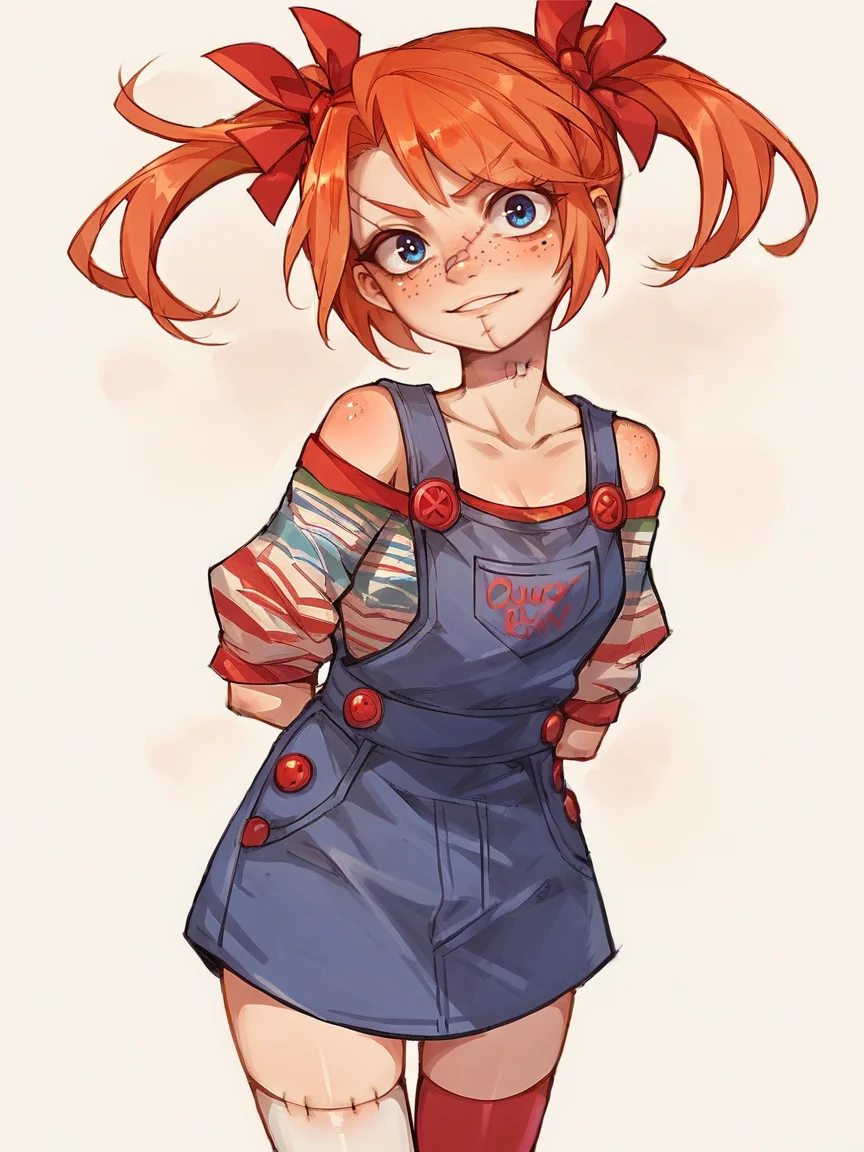 score_9, score_8_up, score_7_up, score_6_up, score_5_up, <lora:FemChuckyXLP:0.8> femchucky, 1girl, solo, twintails, blue eyes, thighhighs, overalls, orange hair, freckles, stitches