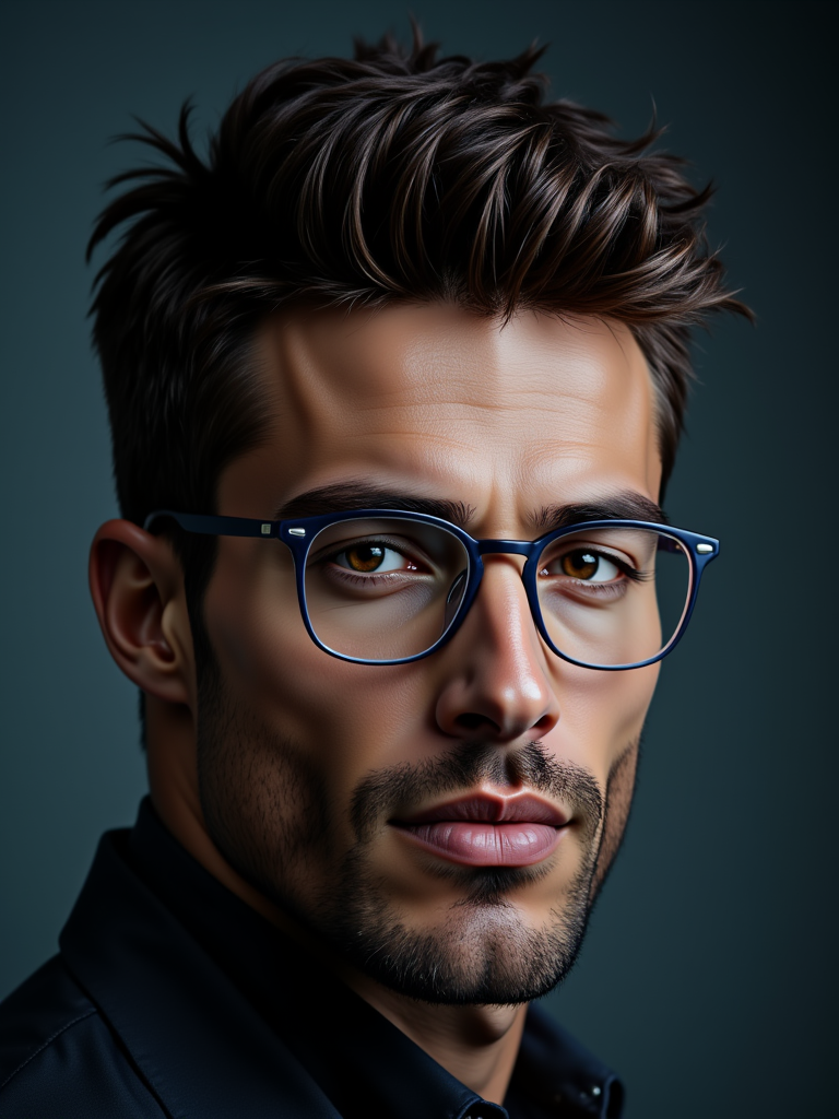 Tanju has brown eyes.close up man, he is handsome with brown eyes, glasses,manly, thick hairy body, fade, dramatic, best quality, color scheme blue, forest