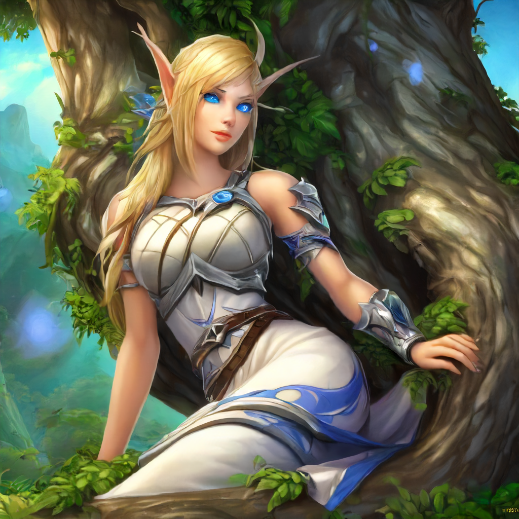 1girl, Alleria  <lora:Alleria SDXL:.7>, reclining on tree, blonde hair, blue eye mark, best quality