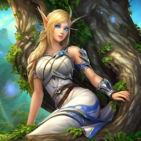 1girl, Alleria <lora:Alleria SDXL:.7>, reclining on tree, blonde hair, blue eye mark, best quality