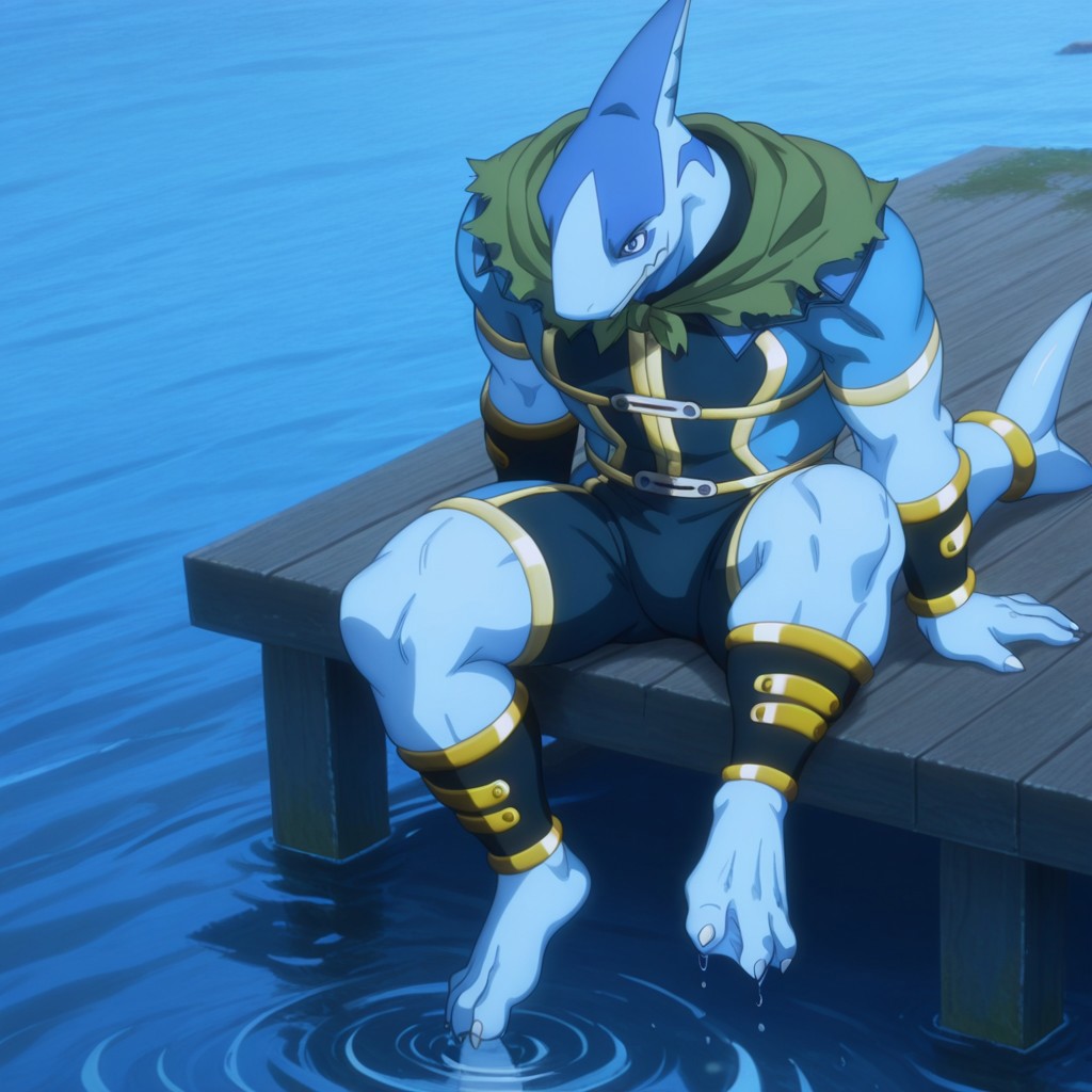 masterpiece, best quality, amazing quality, Arabaslfil, anthro, male, shark, blue skin, blue eyes,  gold trimmed blue bodysuit, gold armbands, gold trimmed dark blue bracers,  green capelet, gold tail ring, sitting, on a dock, feet in the water, webbed feet, 1boy, solo,