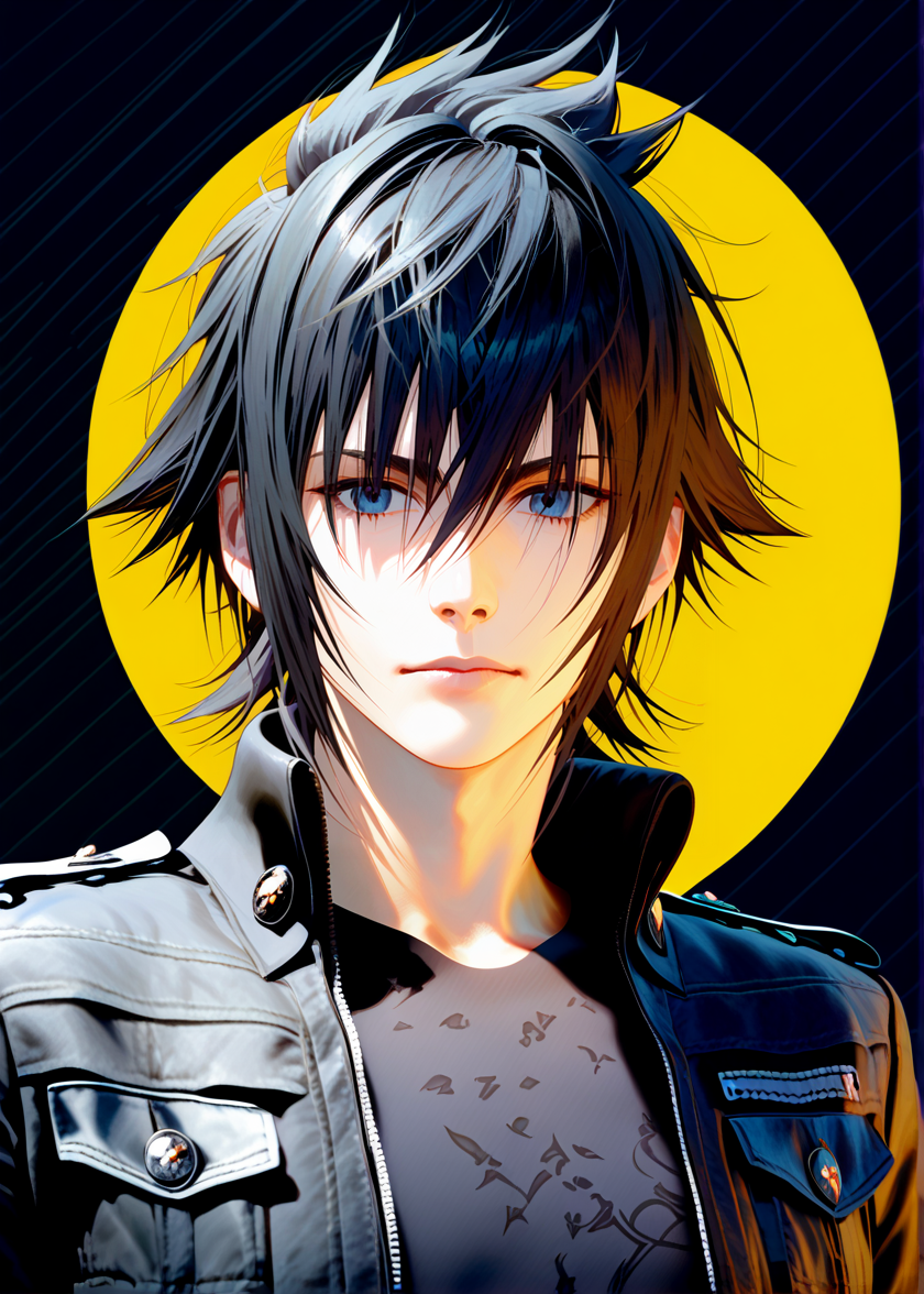 <lora:Noctis_(pony):1>, noctis, 1boy , upper body, posing for a photo, (zPDXL, score_9, score_8_up, score_7_up),  , <lora:quality1:1> , black jacket, black shirt, official art, promotional art