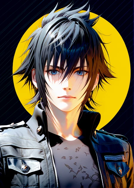 <lora:Noctis_(pony):1>, noctis, 1boy , upper body, posing for a photo, (zPDXL, score_9, score_8_up, score_7_up),  , <lora:quality1:1> , black jacket, black shirt, official art, promotional art