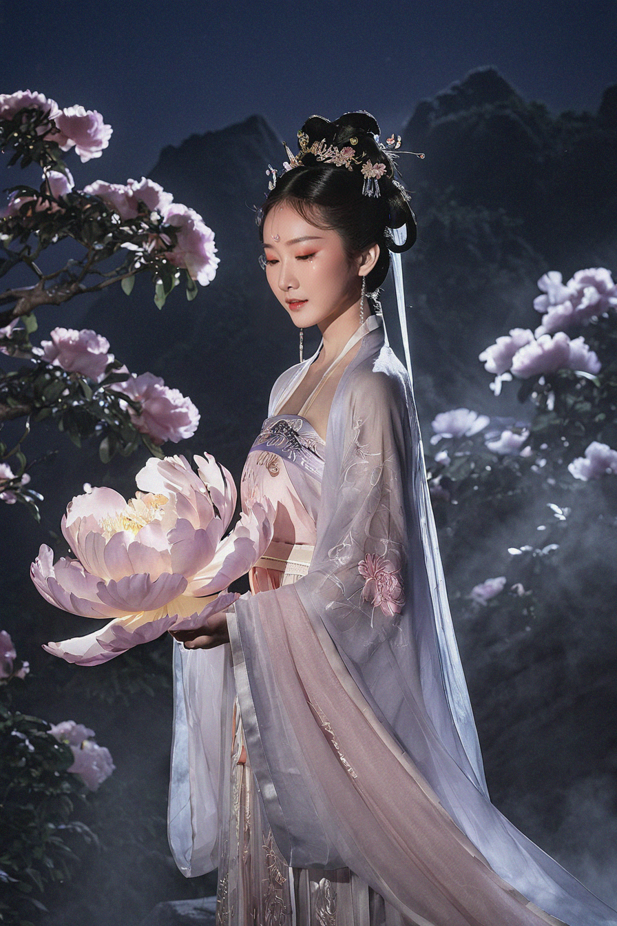 Vibrant Rim Light, In a magical realm, a Chinese maiden in radiant Hanfu stands, enveloped by mystic clouds and mists. Holding a glowing peony, its petals casting delicate shadows, the moment is artfully immortalized. Luminescent rays interplay with deep shadows around her, evoking traditional ink paintings. This luminous masterpiece blends contemporary vision with the splendor of Hanfu. Luxurious, chic, editorial, ambient illumination, Raking light., bright rim light, high contrast, bold edge light