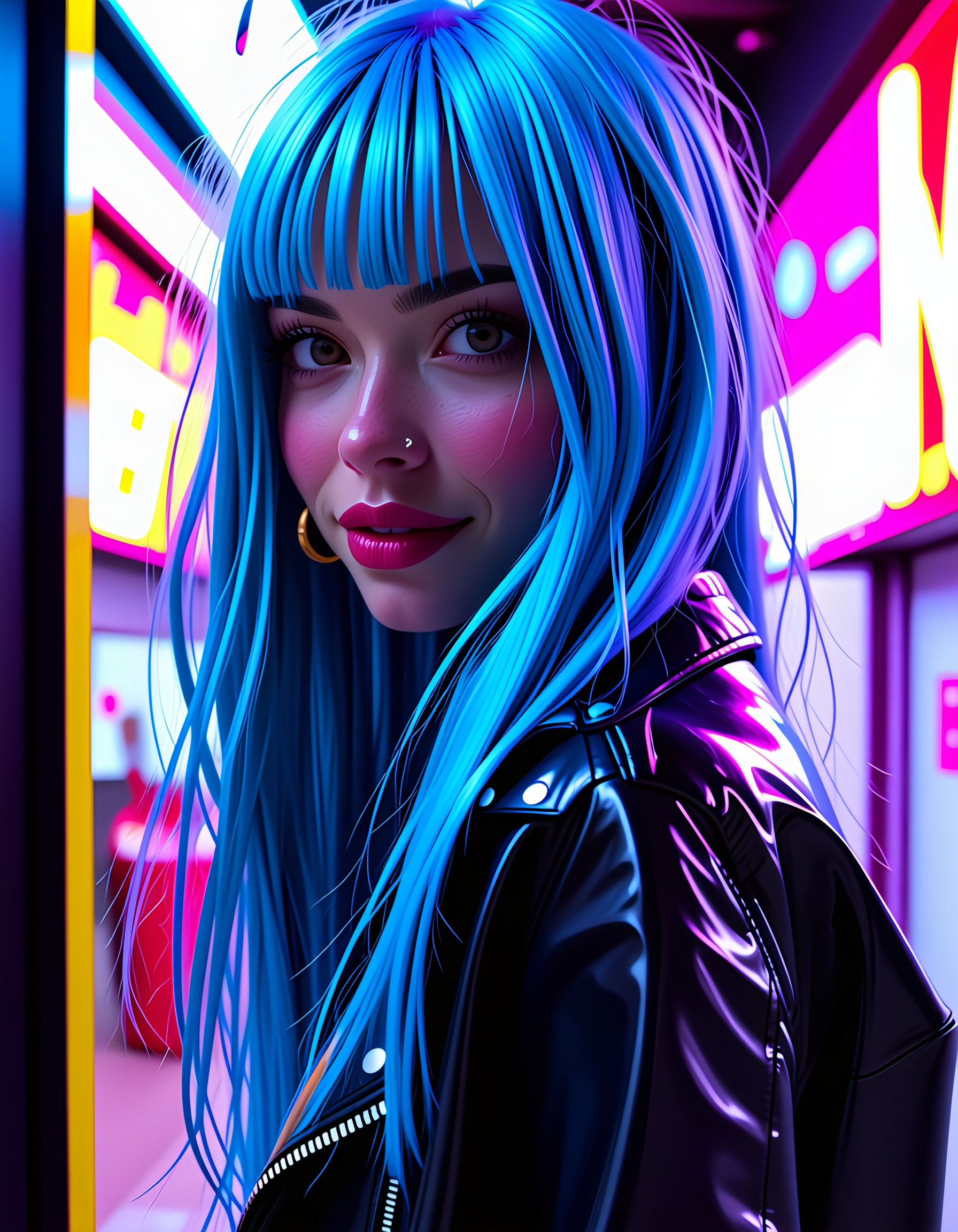 M14L, In a grungy, neon-lit alleyway of a dystopian cyberpunk city, a woman with electric blue hair and piercing eyes adorned in a technicolor, high-tech outfit reminiscent of a futuristic samurai warrior's armor stands defiantly, her full lips curled into a smirk that hints at both confidence and wry humor. The camera captures her close-up profile, the neon lights reflecting off her shimmering attire, casting an eerie glow on her sharply defined features as she gazes directly at the viewer with a challenging yet alluring expression, her long, flowing hair cascading down her back like a waterfall of iridescent silk. The image is rendered in hyperrealistic detail, capturing every curve and crease in the woman's form, as if she has stepped out of a viral internet meme to challenge the viewer with a bold statement of rebellion and defiance.