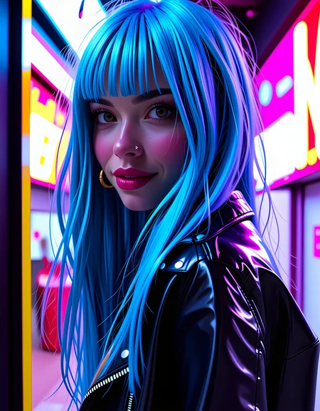 M14L, In a grungy, neon-lit alleyway of a dystopian cyberpunk city, a woman with electric blue hair and piercing eyes adorned in a technicolor, high-tech outfit reminiscent of a futuristic samurai warrior's armor stands defiantly, her full lips curled into a smirk that hints at both confidence and wry humor. The camera captures her close-up profile, the neon lights reflecting off her shimmering attire, casting an eerie glow on her sharply defined features as she gazes directly at the viewer with a challenging yet alluring expression, her long, flowing hair cascading down her back like a waterfall of iridescent silk. The image is rendered in hyperrealistic detail, capturing every curve and crease in the woman's form, as if she has stepped out of a viral internet meme to challenge the viewer with a bold statement of rebellion and defiance.