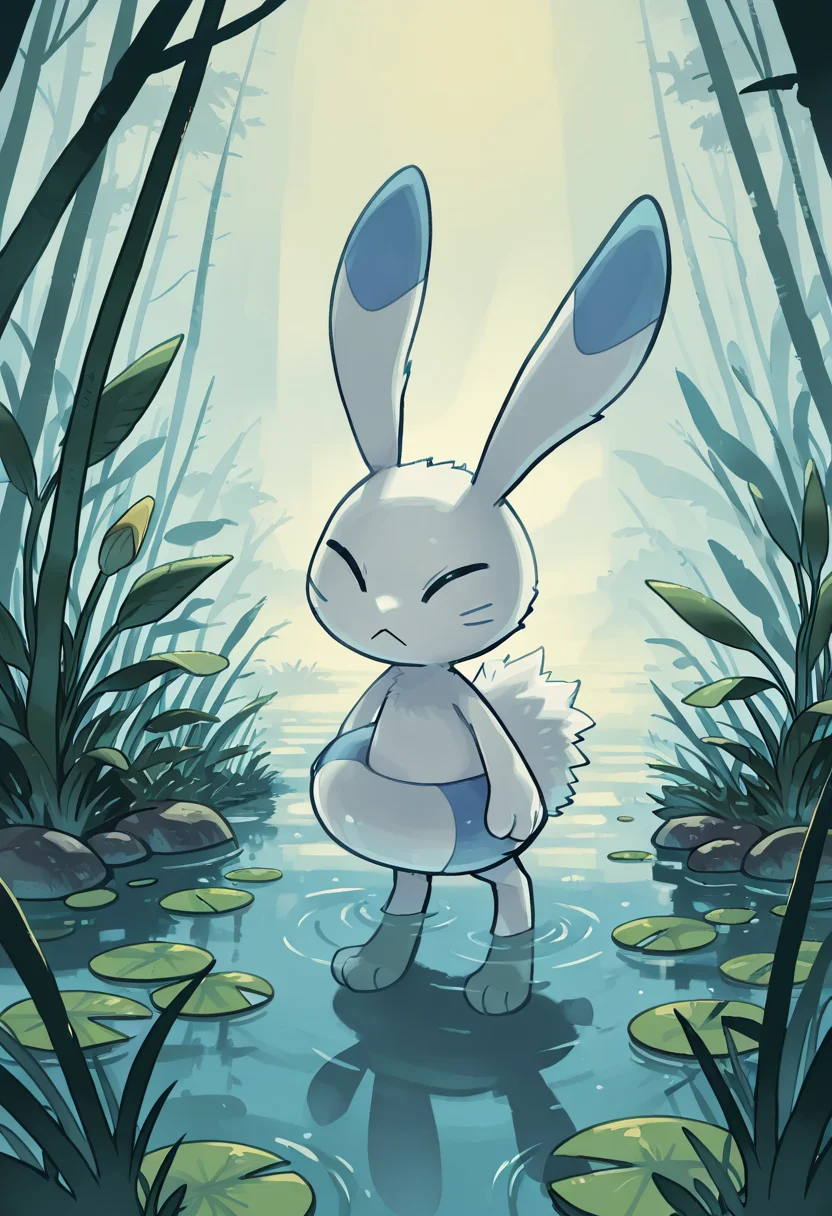 masterpiece, best quality, no humans, zzWarabbit, swamp, foggy dawn, lily pads, still water, close-up, atmospheric lighting, focused eyes, mystical mood â In the misty calm of early dawn, zzWarabbit rests silently atop a moss-covered rock, surrounded by lily pads. Fog clings low over the water as pale morning light filters through the reeds. Its eyes remain alert, unblinking, attuned to the quiet rhythm of the swamp. <lora:WarabbitPokedex_IXL:1.0>,