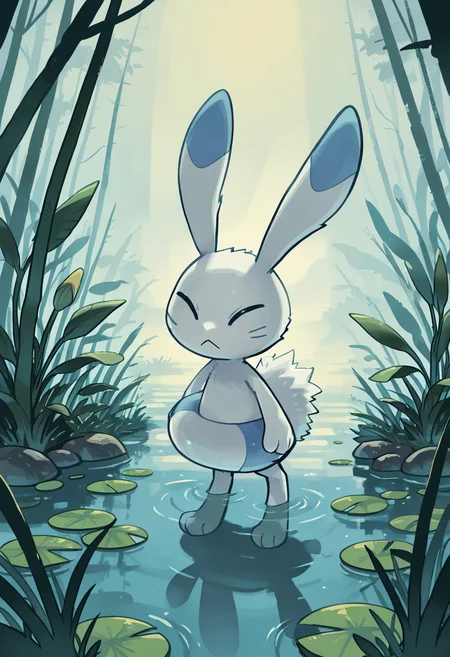 masterpiece, best quality, no humans, zzWarabbit, swamp, foggy dawn, lily pads, still water, close-up, atmospheric lighting, focused eyes, mystical mood â In the misty calm of early dawn, zzWarabbit rests silently atop a moss-covered rock, surrounded by lily pads. Fog clings low over the water as pale morning light filters through the reeds. Its eyes remain alert, unblinking, attuned to the quiet rhythm of the swamp. <lora:WarabbitPokedex_IXL:1.0>,