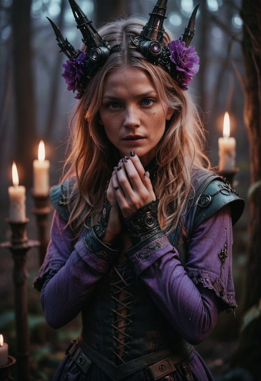 photograph, hyper detailed, intricate background, Boorish Cameron Richardson, Witch, wearing Mecha- electric color torn clothes, Hands on face, Violet flora, FOV 90 degrees, Light, Steelpunk, Candle light, film grain, film camera, Depth of field 270mm <lora:RMSDXL_Enhance:2> <lora:RMSDXL_Darkness_Cinema:2>