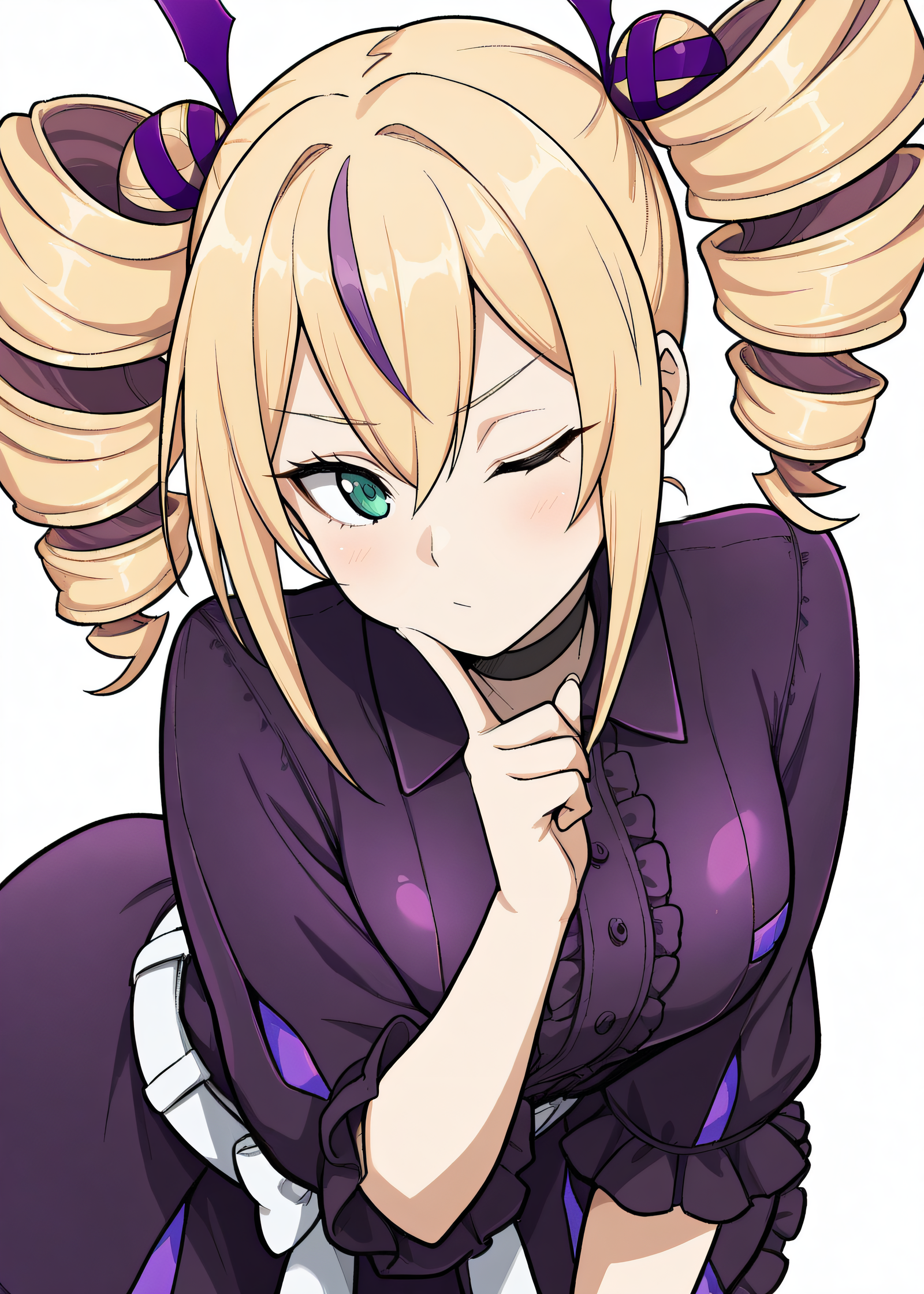 masterpiece, best quality, highres, newest, scenary, 1girl, solo, official style, <lora:IL_Violet_Inboots:1>, violet, streaked hair, twindrills, black choker, white belt, white bow around waist, collared dress, black frilled dress, upper body, one eye closed, bent over, simple background, hand up, index finger on chin