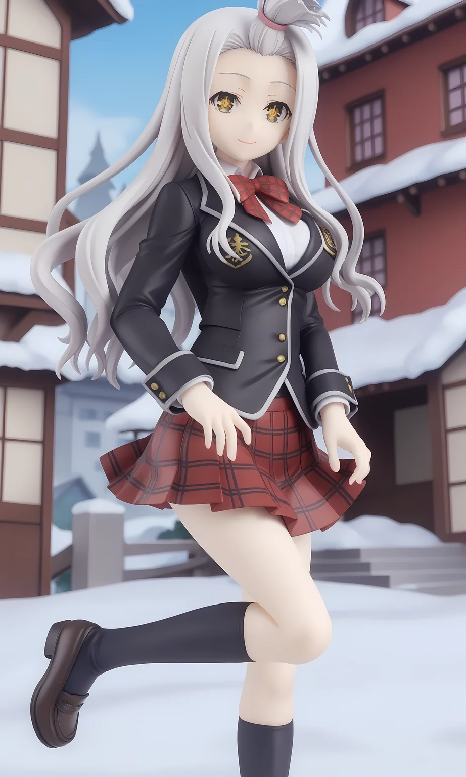 score_9, score_8_up, score_7_up, source_anime, highly detailed figure,looking at viewer, shiny skin, upper body, light smile, petite,ohwx, long_hair, grey_hair, yellow_eyes, white_hair, brown_eyes, bangs_pinned_back, topknot, breasts, very_long_hair, large_breasts, symbol-shaped_pupils,school_uniform, bow, jacket, blazer, bowtie, shirt, plaid, skirt, socks, red_bow, bangs_pinned_back, topknot, plaid_skirt, long_sleeves, red_skirt, red_bowtie, black_socks, pleated_skirt, kneehighs, black_jacket, collared_shirt, shoes, loafers, official_style, white_shirt, plaid_bow, ribbon, miniskirt, Quiet Japanese village in winter, snow-covered rooftops, warm light glowing from windows, peaceful and still,<lora:yui_kurata_pony_sobsynapse-000001:1>
