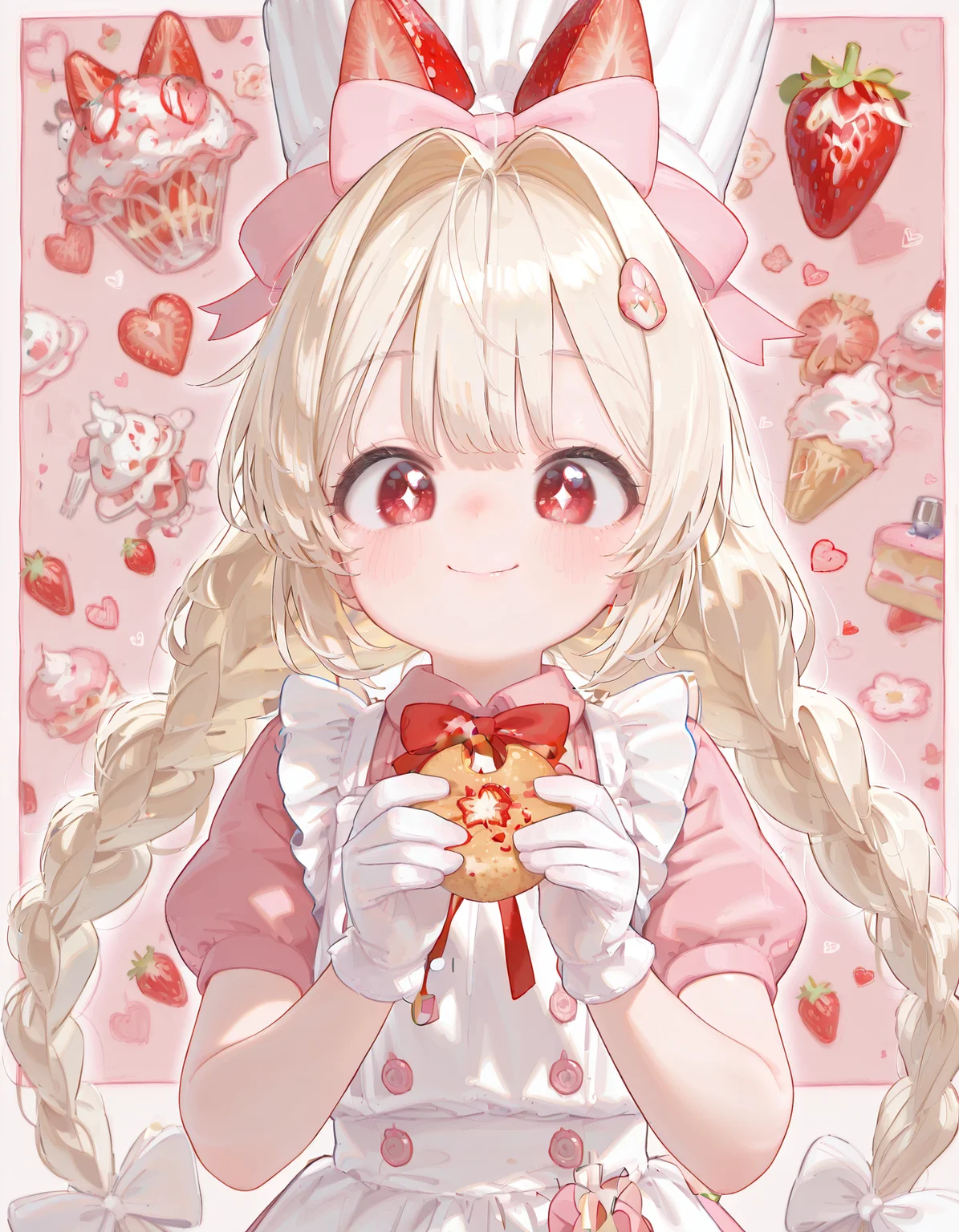 masterpiece, best quality, amazing quality, very aesthetic, absurdres, newest, volumetric lighting,straight-on,1girl,solo,happy,upper body,holding cookies,closed mouth,smile,sparkling eyes,<lora:Crust_NIKKE:1>crust (nikke), blonde hair, twin braids, long hair,red eyes, hair bow, hair ornament, chef hat, pink dress, white apron, white gloves,, bow, ribbon, strawberry hat ornament, skindentation,
,pink background,heart background,skindentation,masterpiece, best quality, amazing quality, very aesthetic, absurdres, newest, volumetric lighting, <lora:c_:1>