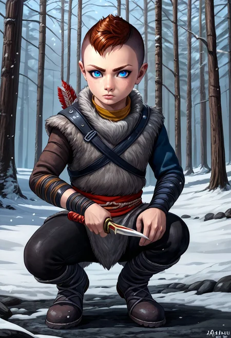 1boy, male focus, solo focus, Atreus, grey fur tunic, ginger hair, pale blue eyes, undercut, holding a dagger, brown fur boots, crouching, snowy forest, prepared for a fight