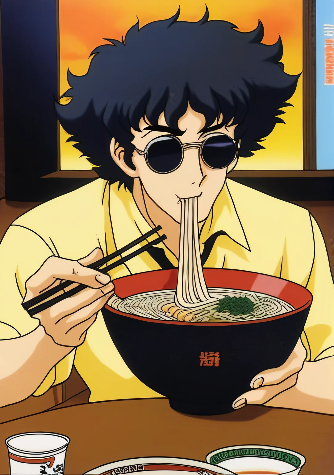 Spike Spiegel, solo,looking at viewer,short hair,shirt,black hair,1boy,holding,upper body,male focus,food,collared shirt,eating,sunglasses,yellow shirt,chopsticks,holding chopsticks,noodles,ramen,cup ramen,retro artstyle,1990s (style),masterpiece,oldest <lora:Spike:0.7>