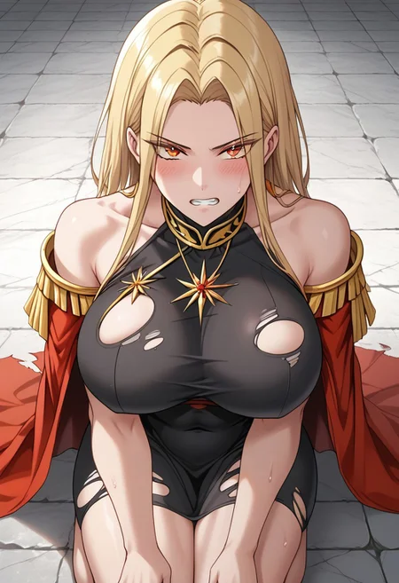 score_9, score_8_up, score_7_up, source_anime, rating_explicit, 1girl, breasts, skirt, thighhighs, solo,1girl, breasts, Victoria,1girl, mature female, (huge breasts:1.3),(military uniform:1.3), red coat, black thighhighs, gloves, red skirtred_cape, blonde_hair, solo, long_hair, cape, dress, clenched_teeth, small_head, yellow_eyes, glaring, looking_at_viewer, angry, stone_floor, teeth, kneeling, (black_dress:1.5), barefoot, covered_navel, covered nipples,sweat, scowl, parted_bangs, thighs, bare_legs, covered_breasts, bangs, sitting, v-shaped_eyebrows, blush, japanese animation, absurdres, toned, black_hair_tie, high contrast, aesthetic, toned, vivid color, muscular, (wide_shoulders:1.2), wide hips, 2d, thighs, beautiful, sexy, black_clothes, cute_face,open_mouth,bangs, (thick_thighs:1.2), (huge_hips:1.2), (large shoulders:1.2), finely detailed beautiful eyes, finely detailed face,delicate facial features, (tall:1.4), small head, beautiful eyes and detailed face,toned,(healthy_body:1.2), (best quality, high quality, masterpiece, hyper detail, detailed face,detailed_eyes,detailed_pupils:1.3), collarbone, (detailed_eyes:1.5) ,(masterpiece:1.7),(high quality:1.7), same_eyes,same_pupils,(clear:1.5), detailed_eyes, collarbone, bangs, detailed_eyes, black_clothes, detailed_arms, amazing quality, (large_shoulders:1.4), wariza, (torn_clothes:1.5), upper body, covered_shoulders, muscle, broken floor, detailed_hands,taut_clothes,epaulettes