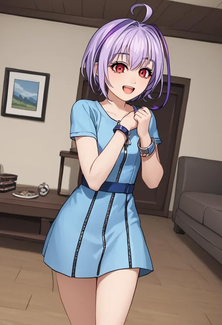 score_4,score_5,score_6,score_7_up,score_8_up,score_9
((masterpiece,best quality,ultra detailed,highres,HD,4k:1.2)),
1 girl,solo,girl forcus,upper body,
Purple hair,side locks,ahoge,multicolored hair,short hair, red eyes, short sleeves, blue dress, zipper, bracelet, thighs, bare legs,shoes,
smile,open mouth,happy,room,living room,