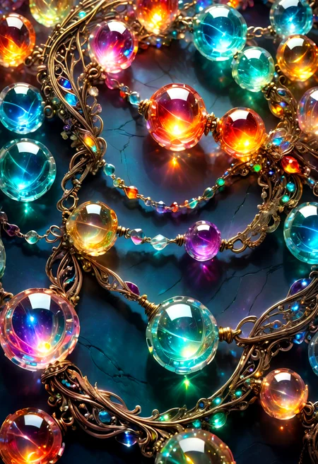 macro photo, sparkling magical fantasy magical necklace, made out of transparent multicolored glass beads, light shines through, magical artifact, very detailed, amazing quality, intricate, cinematic light, highly detail, beautiful, surreal, dramatic, warm colors <lora:SDXLFaeTastic2400:1>