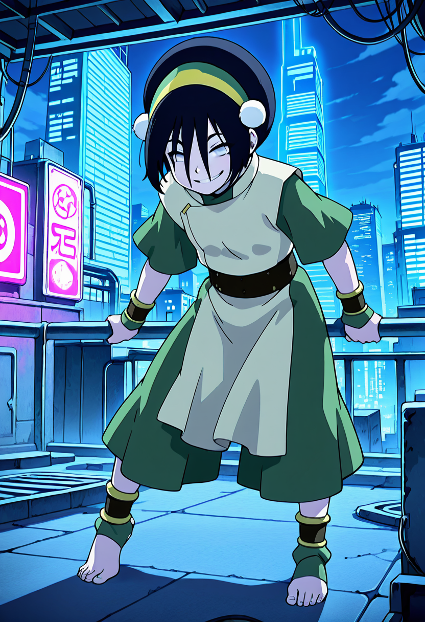 masterpiece, best quality, 1girl, solo,   zzToph, grey eyes, blind, short hair, black hair, yellow hairband, green modern outfit, industrial city, metal bending, skyscrapers, futuristic cityscape, glowing neon, bending steel, rooftop scene, confident grin  In the heart of a gleaming metal metropolis, Toph stands on the edge of a rooftop, one foot planted on a steel beam that bends at her command. The city's neon lights cast vivid colors across her face as she stares into the distance, blind eyes full of vision. Cables twist and iron plates snap into place beneath her control. She is a master of this modern world, bending not just metal but destiny itself.     , <lora:TophAvatar_IXL:1.0>,