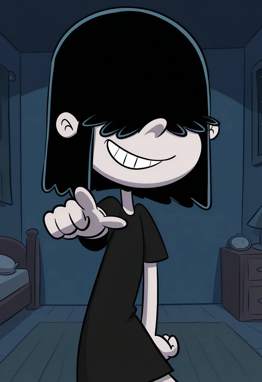 Hhriblestyle, 1girl,solo, looking at viewer, smile, pointing at viewer, lucy loud, hair over eyes, blunt bangs, black hair, black clothes, dark room, grin,