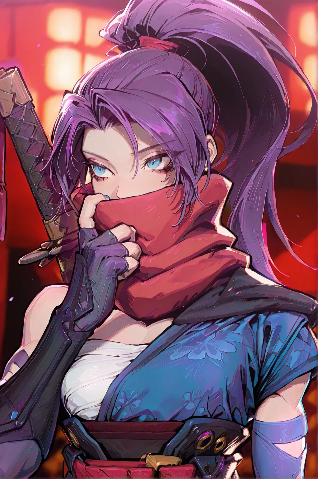 1girl, solo, (portrait:1.5), 30y, <lora:Psylockev1_Illu_Dwnsty:1> psylocke_mvr, blue eyes, purple hair, high ponytail, parted bangs, long hair, red scarf, scarf over mouth, japanese clothes, chest sarashi, kimono, sash, red belt, obi, single shoulder pad, fingerless gloves, arm guards, nail polish, blue nails, black footwear, blue thighhighs, sheath, weapon on back, blurry background, <lora:cgel-style-richy-v1_ixl:1>, <lora:princess_xl_v2:1>, <lora:illustrious_noobai_epsilon_pred_11_very_aesthetic_v1:1> masterpiece, best quality, very aesthetic, absurdres, <lora:illustrious_noobai_epsilon_pred_1_best_quality_v1:0.8> masterpiece, best quality, very aesthetic, absurdres, masterpiece, best quality, amazing quality, very aesthetic, absurdres, ultra-detailed, newest