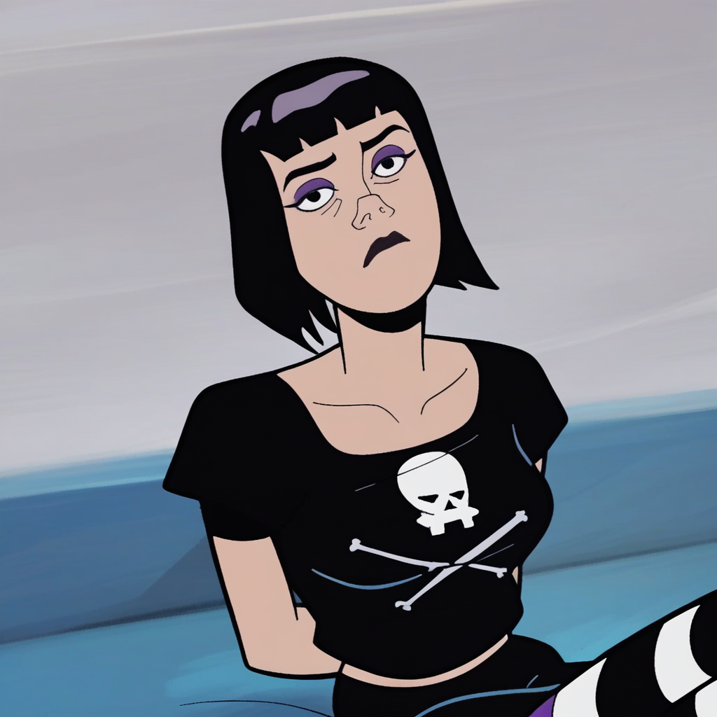 score_9, score_8_up, score_7_up, score_6_up, 2d, cartoon, 1girl, solo, cowboy shot, looking at viewer, bored, sitting, black hair, bob cut, makeup, purple eyeshadow, black eyes, collarbone, black shirt, print shirt, jolly roger, black skirt, jewelry, nail polish, striped leggings, arms behind back, head tilt,